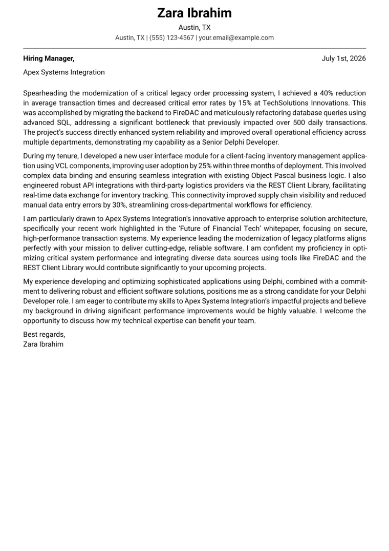 Delphi Developer cover letter example preview