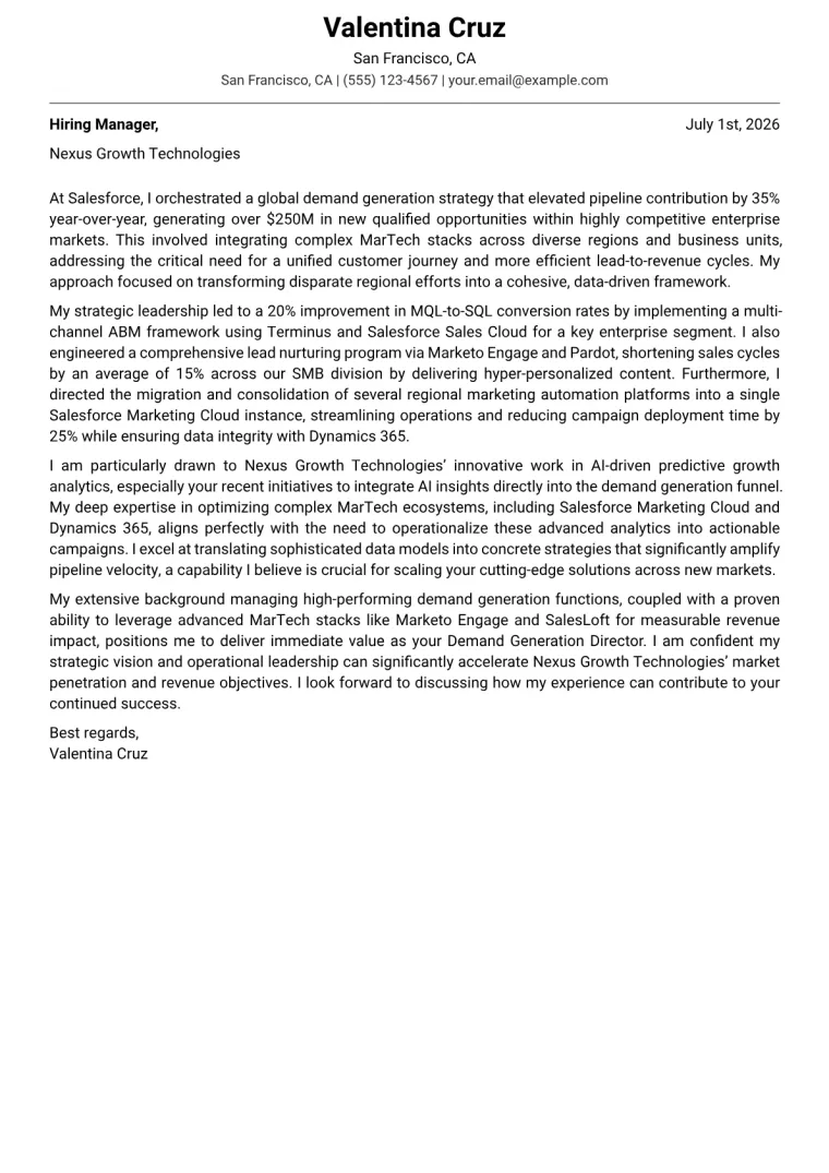 Demand Generation Director cover letter example preview