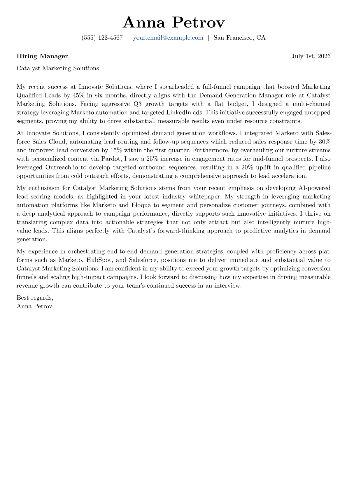 Demand Generation Manager cover letter formatted with a JobSprout template
