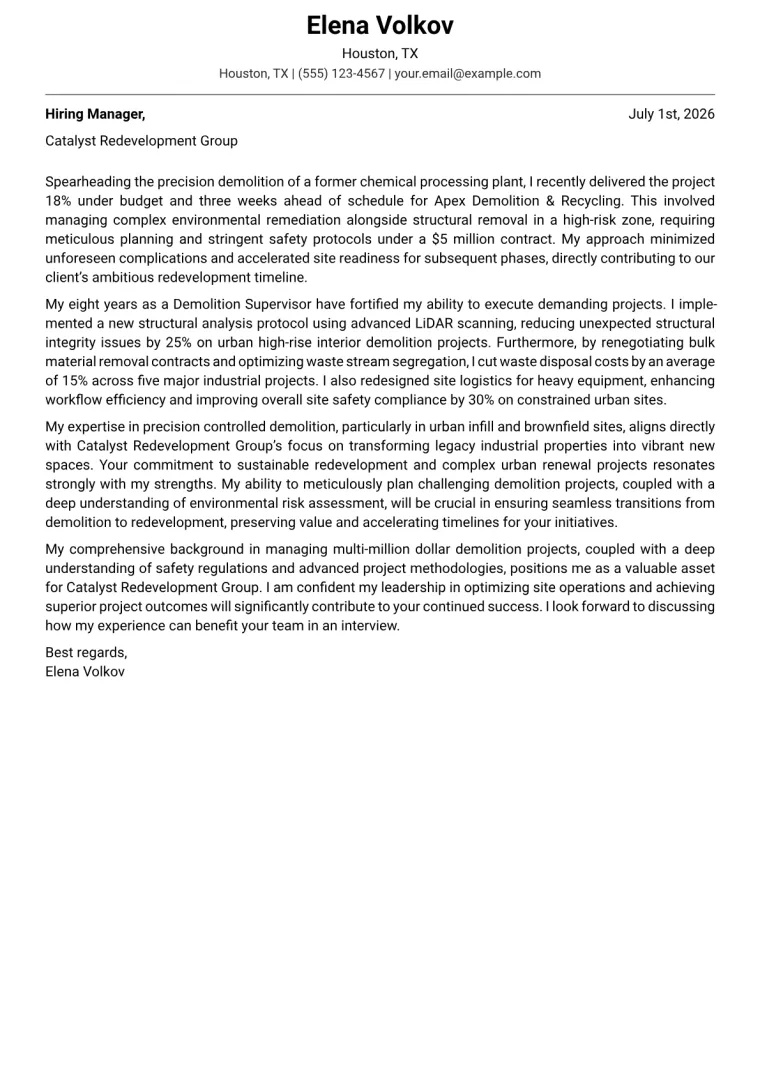Demolition Supervisor cover letter example
