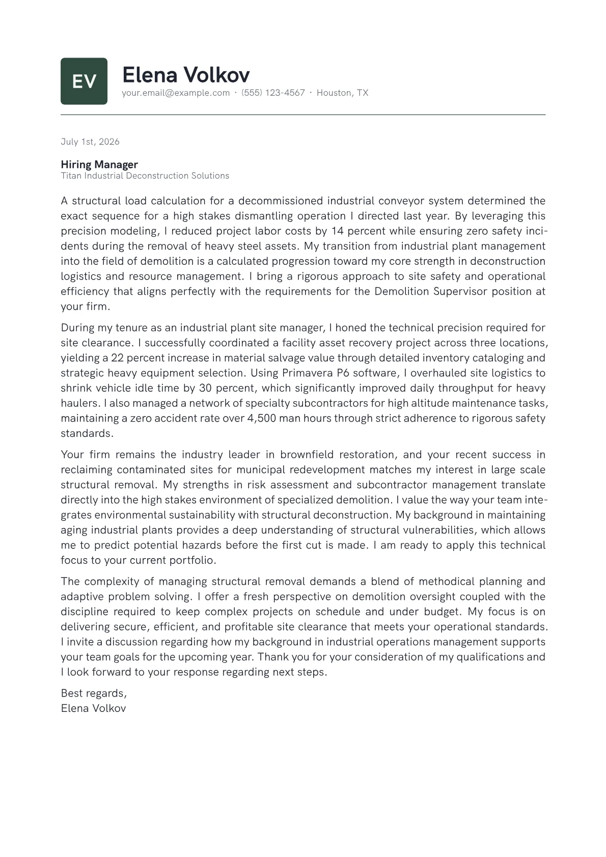 Demolition Supervisor cover letter in the Emblem design