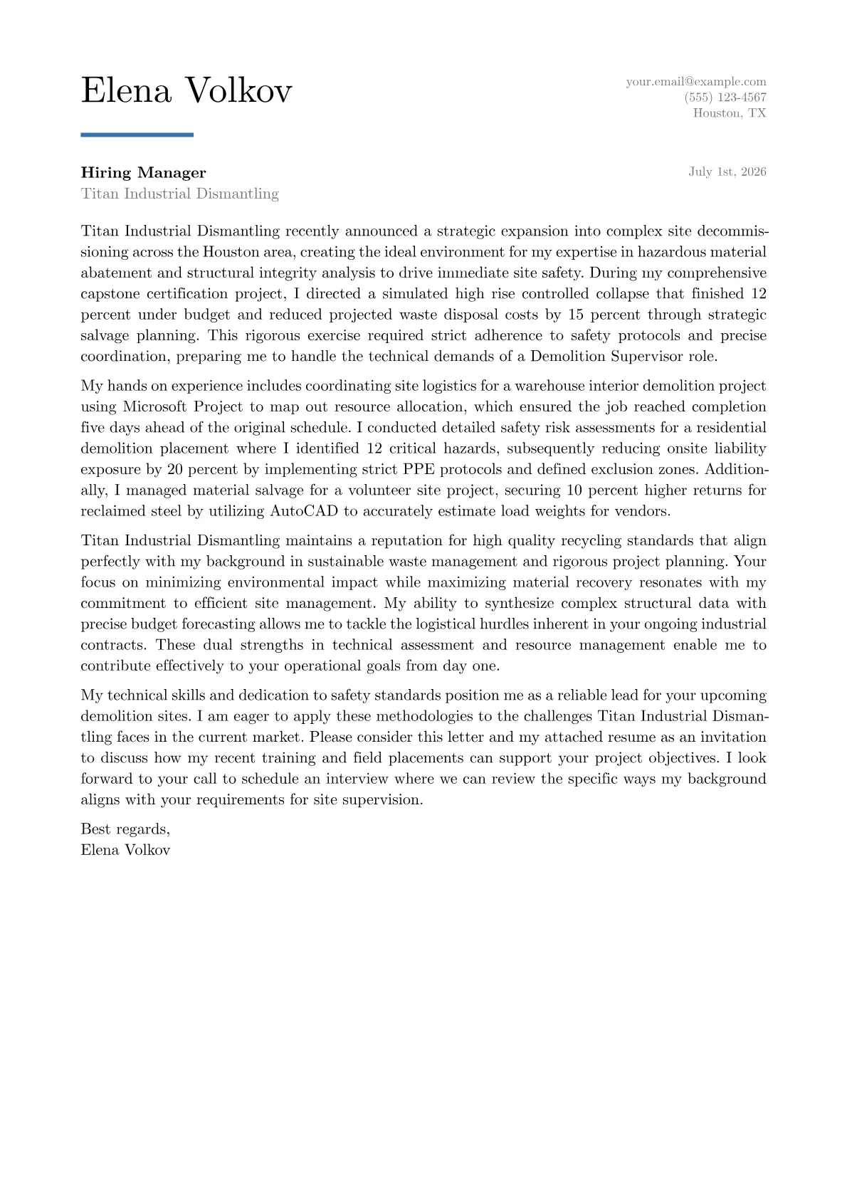 Demolition Supervisor cover letter in the Executive design