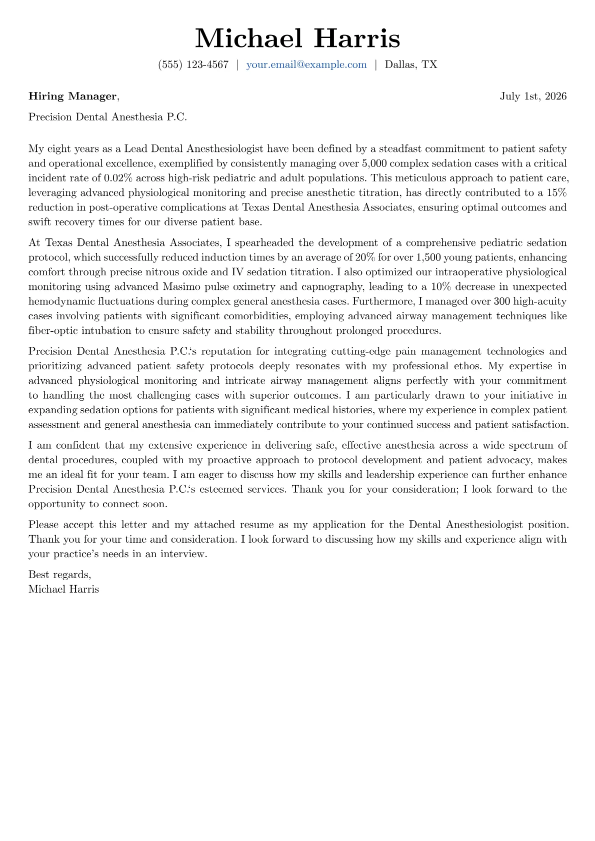 Dental Anesthesiologist cover letter formatted with a JobSprout template