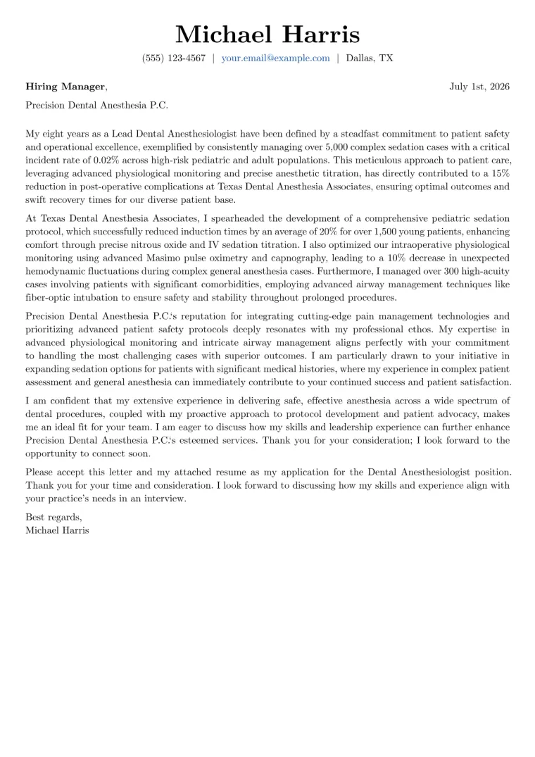 Dental Anesthesiologist cover letter example preview