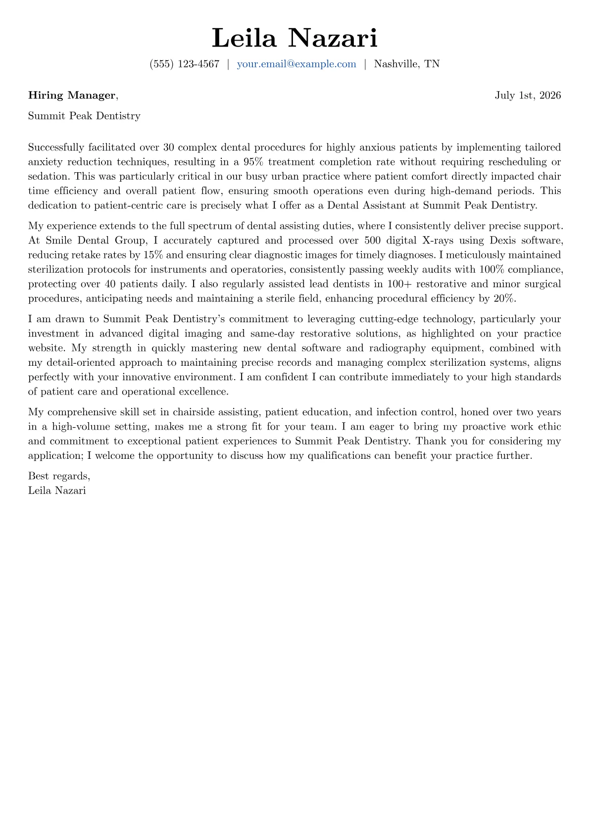 Dental Assistant cover letter formatted with a JobSprout template