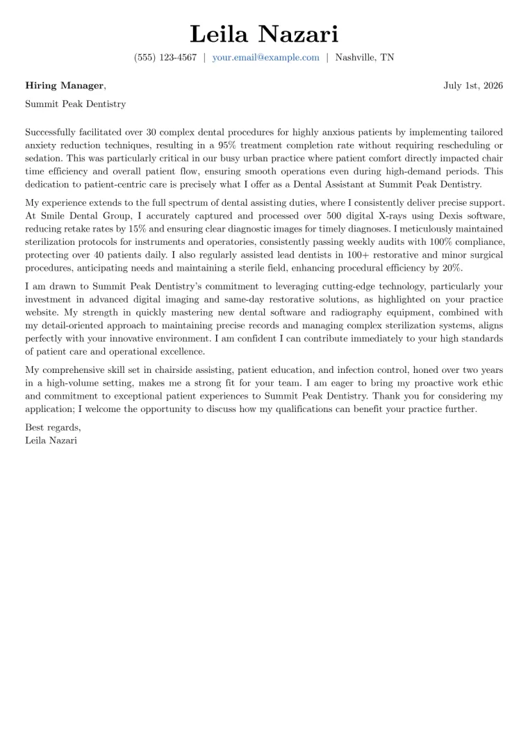 Dental Assistant Cover Letter Example