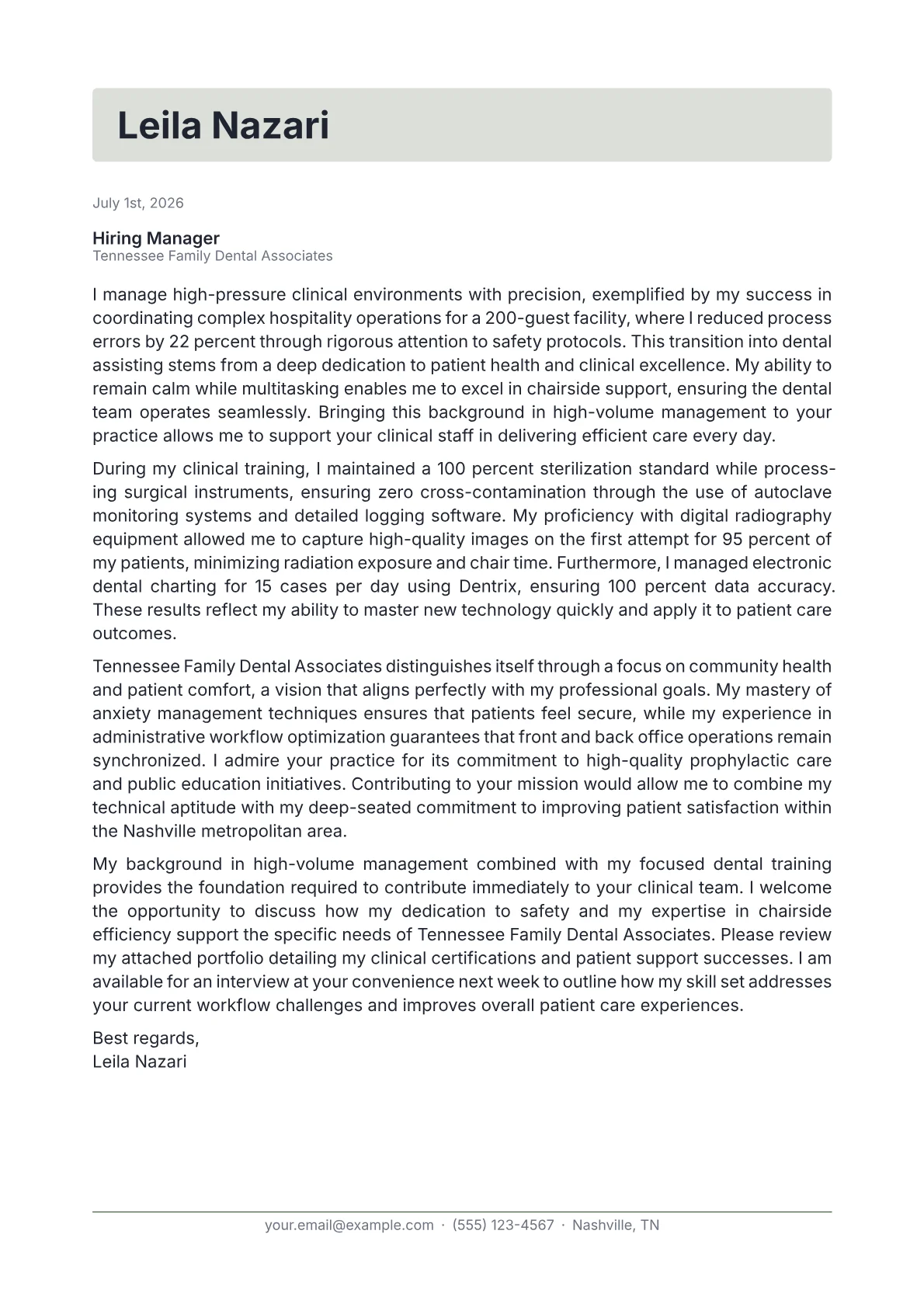 Dental Assistant cover letter in the Letterhead design