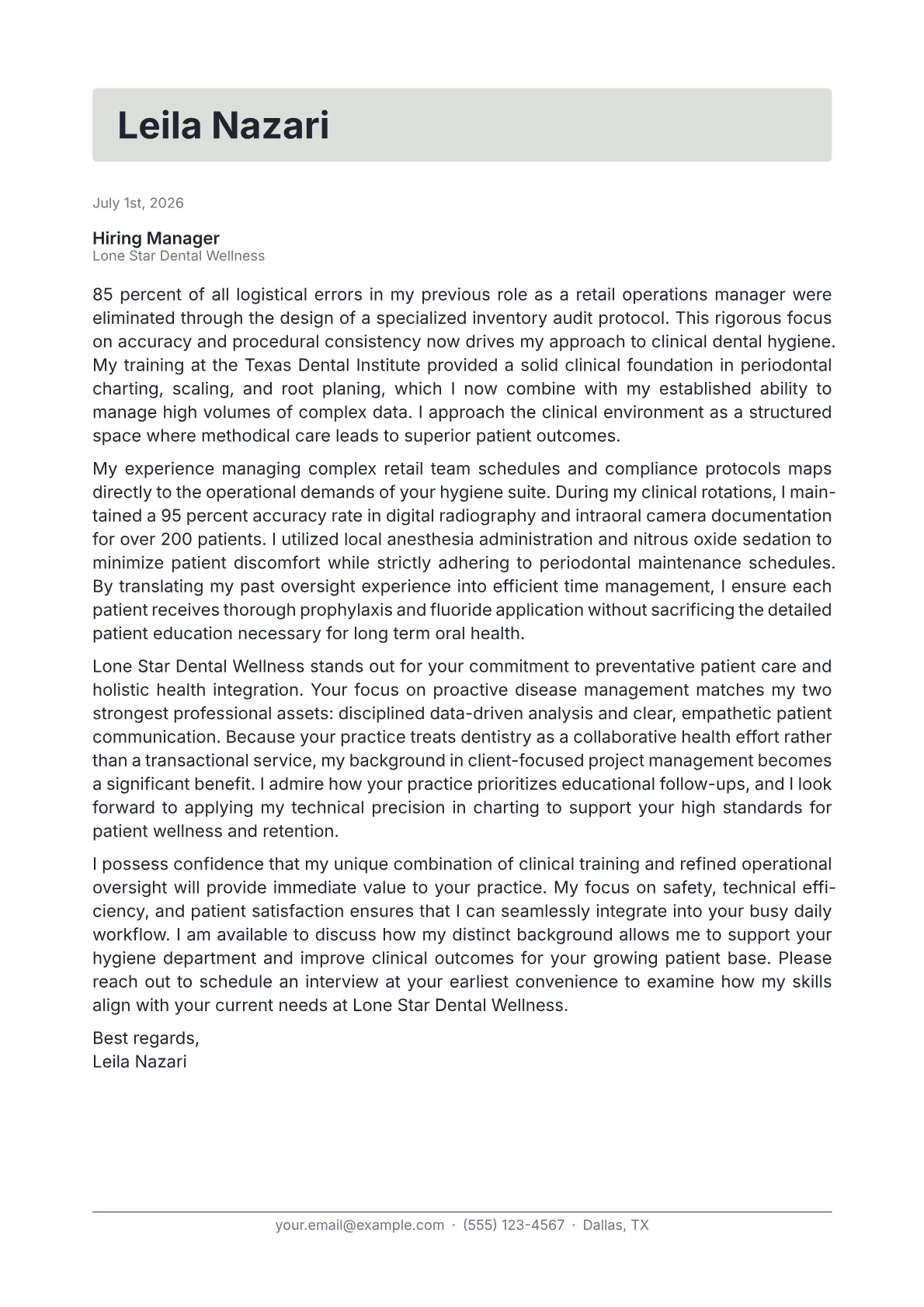 Dental Hygienist cover letter in the Letterhead design
