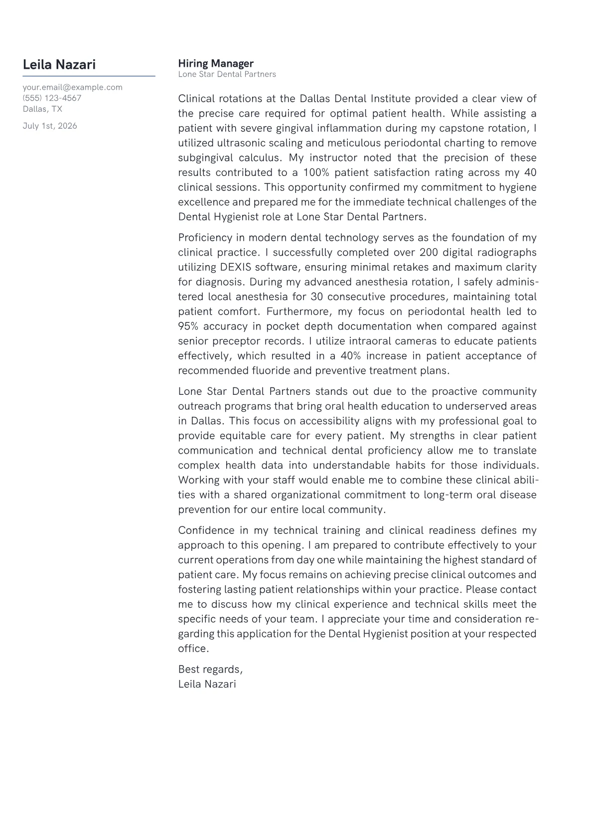 Dental Hygienist cover letter in the Margin design