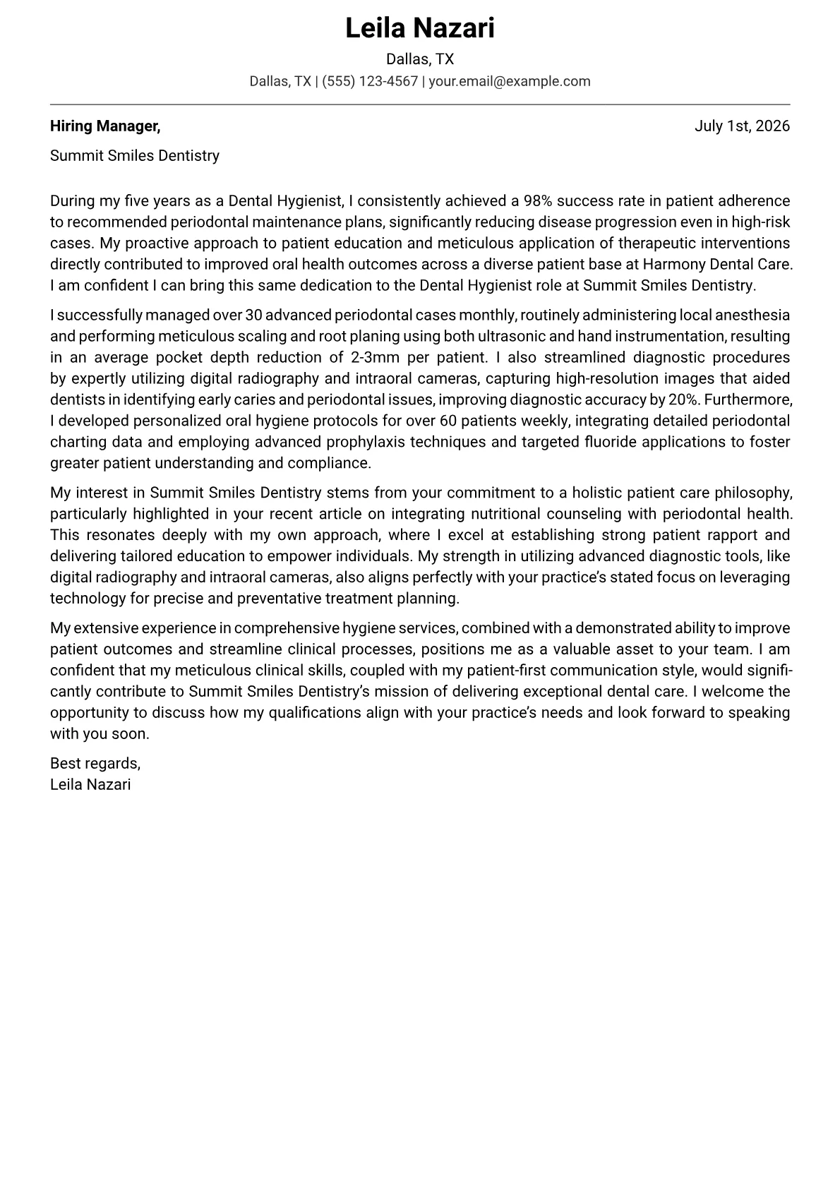 Dental Hygienist cover letter formatted with a JobSprout template