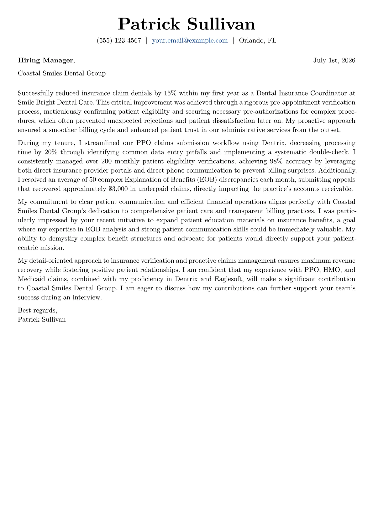 Dental Insurance Coordinator cover letter formatted with a JobSprout template