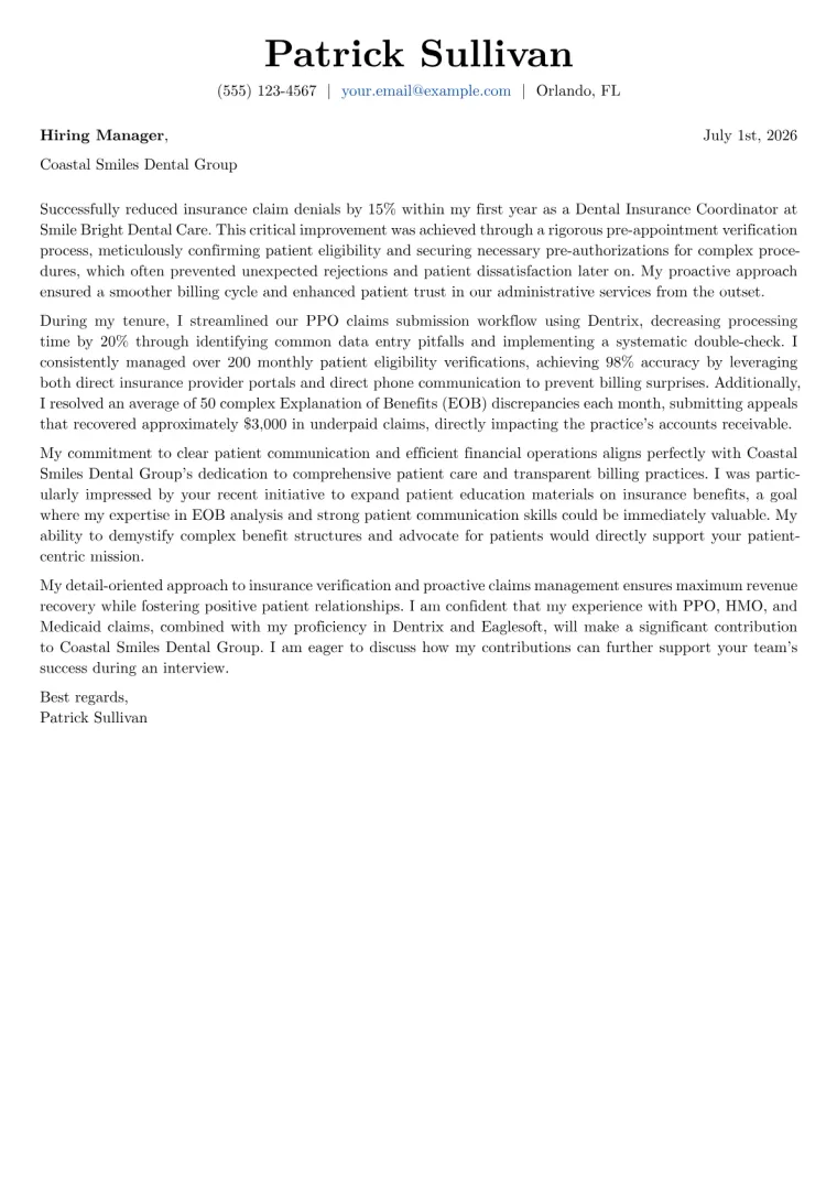 Dental Insurance Coordinator cover letter example preview