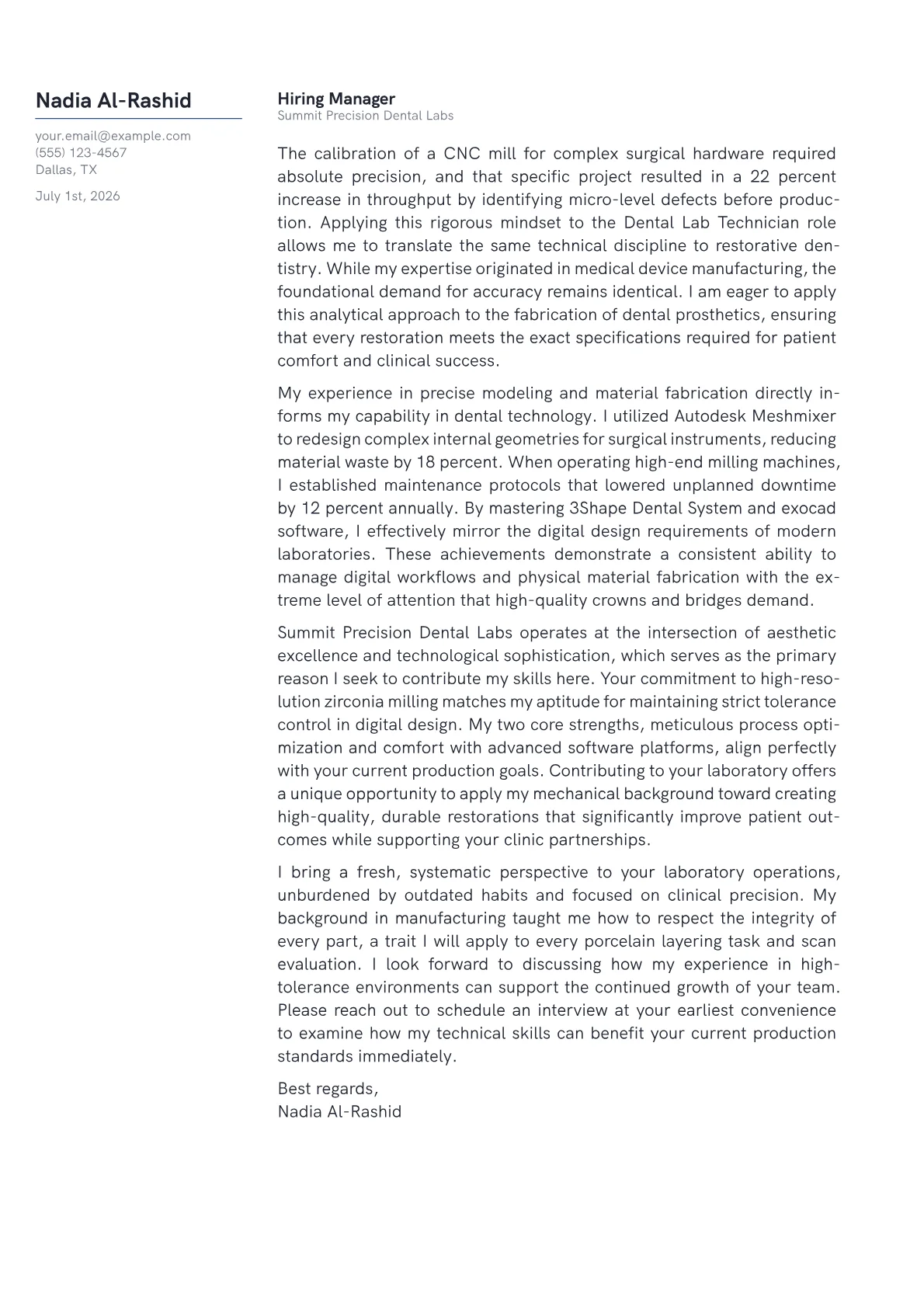 Dental Lab Technician cover letter in the Margin design