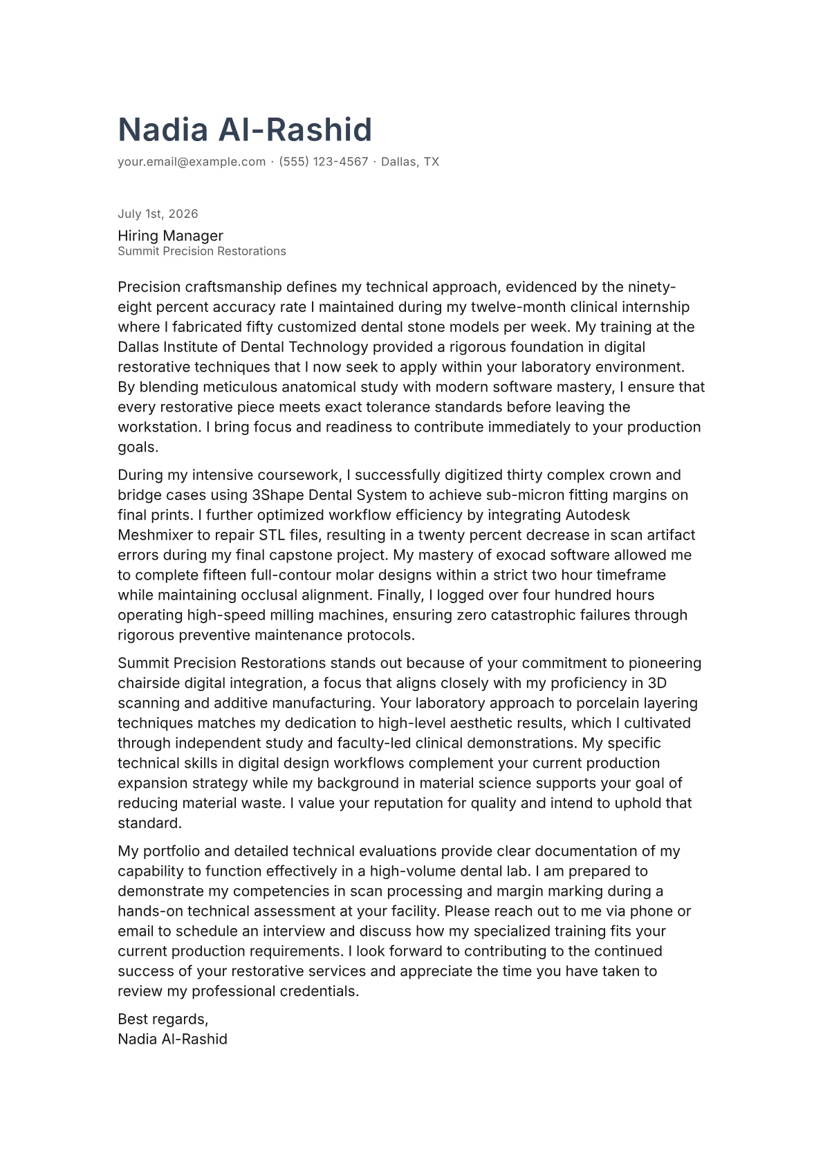 Dental Lab Technician cover letter in the Minimal design