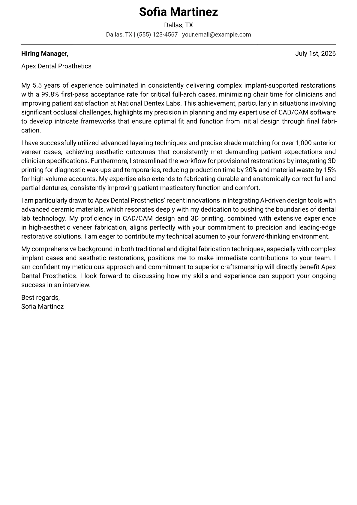 Dental Laboratory Technician cover letter formatted with a JobSprout template