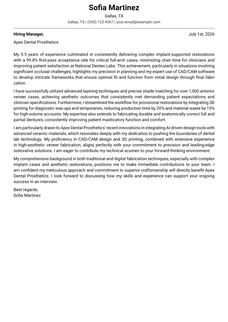 Dental Laboratory Technician cover letter example preview