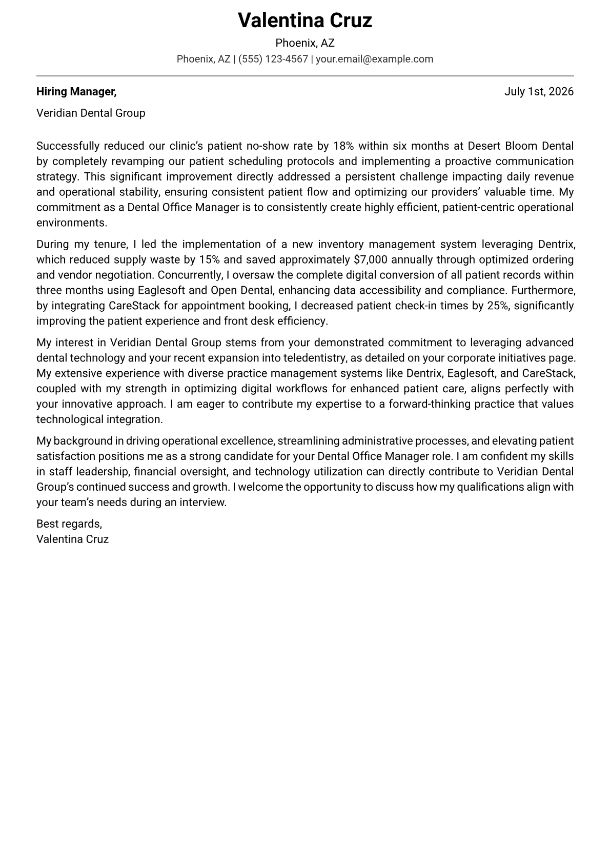 Dental Office Manager cover letter formatted with a JobSprout template