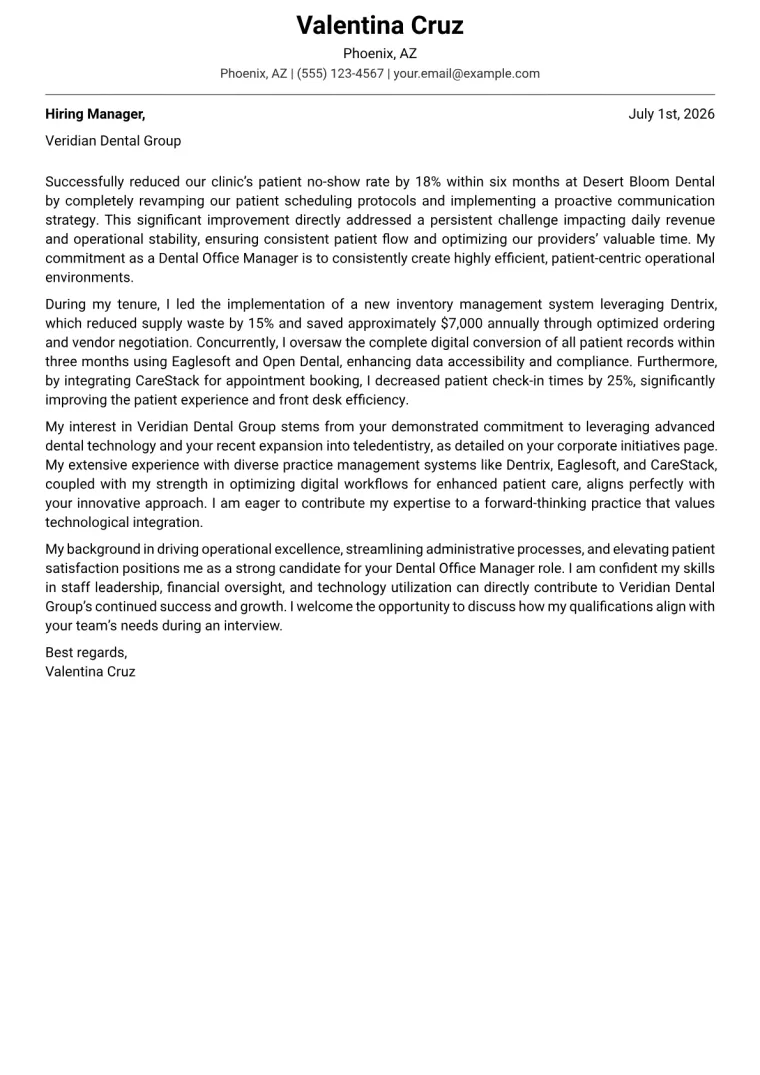 Dental Office Manager cover letter example preview