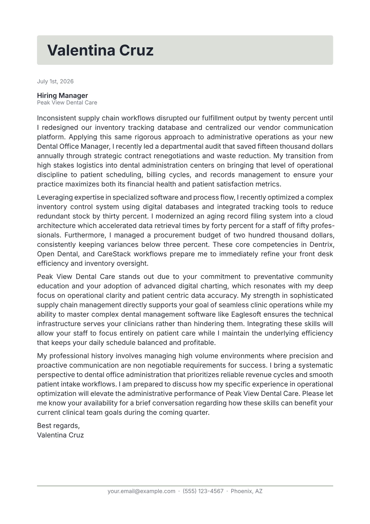 Dental Office Manager cover letter in the Letterhead design