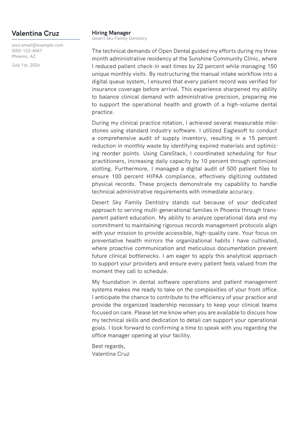 Dental Office Manager cover letter in the Margin design