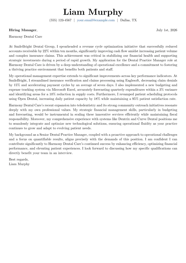 Dental Practice Manager Cover Letter Example
