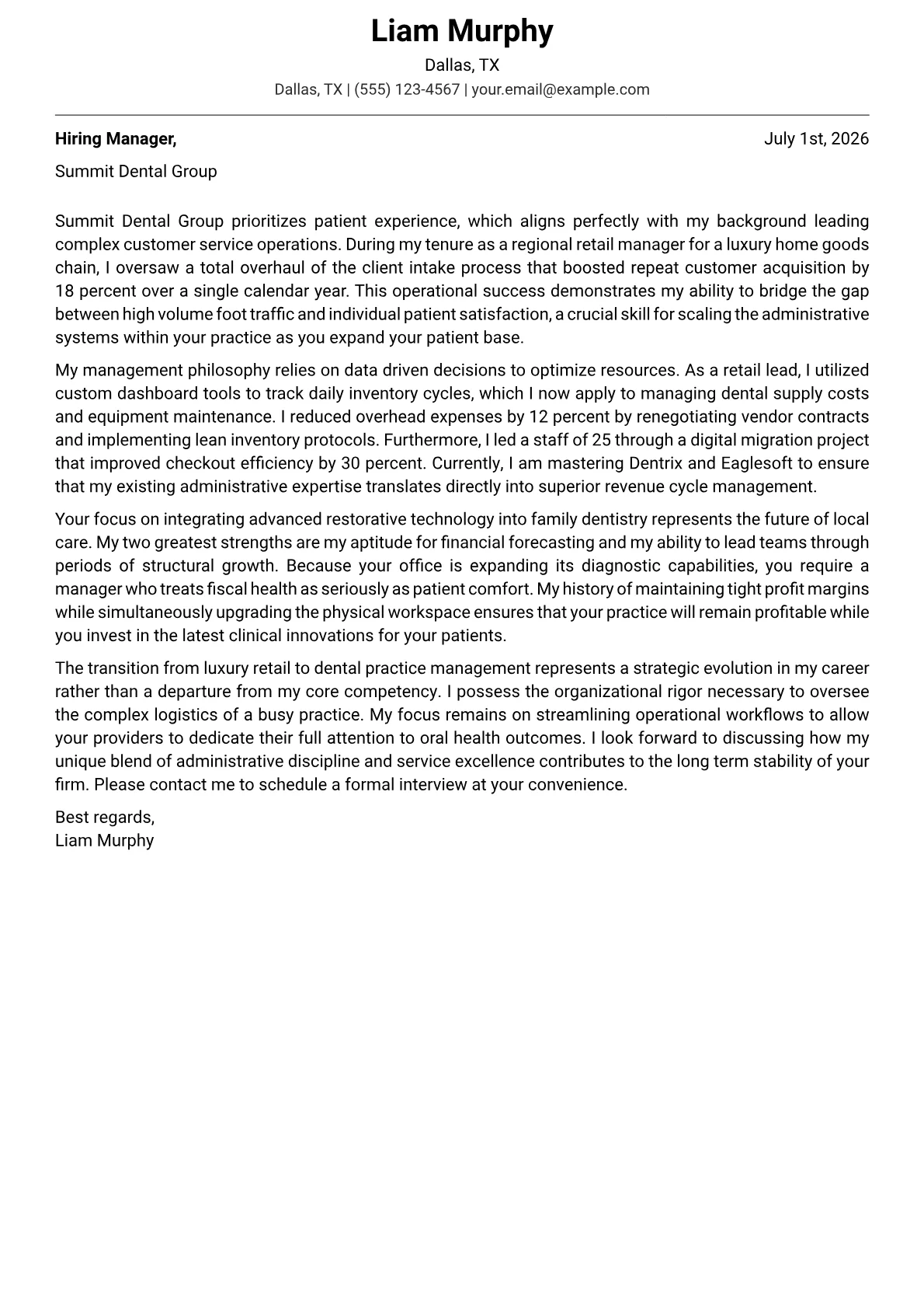 Dental Practice Manager cover letter in the Modern design