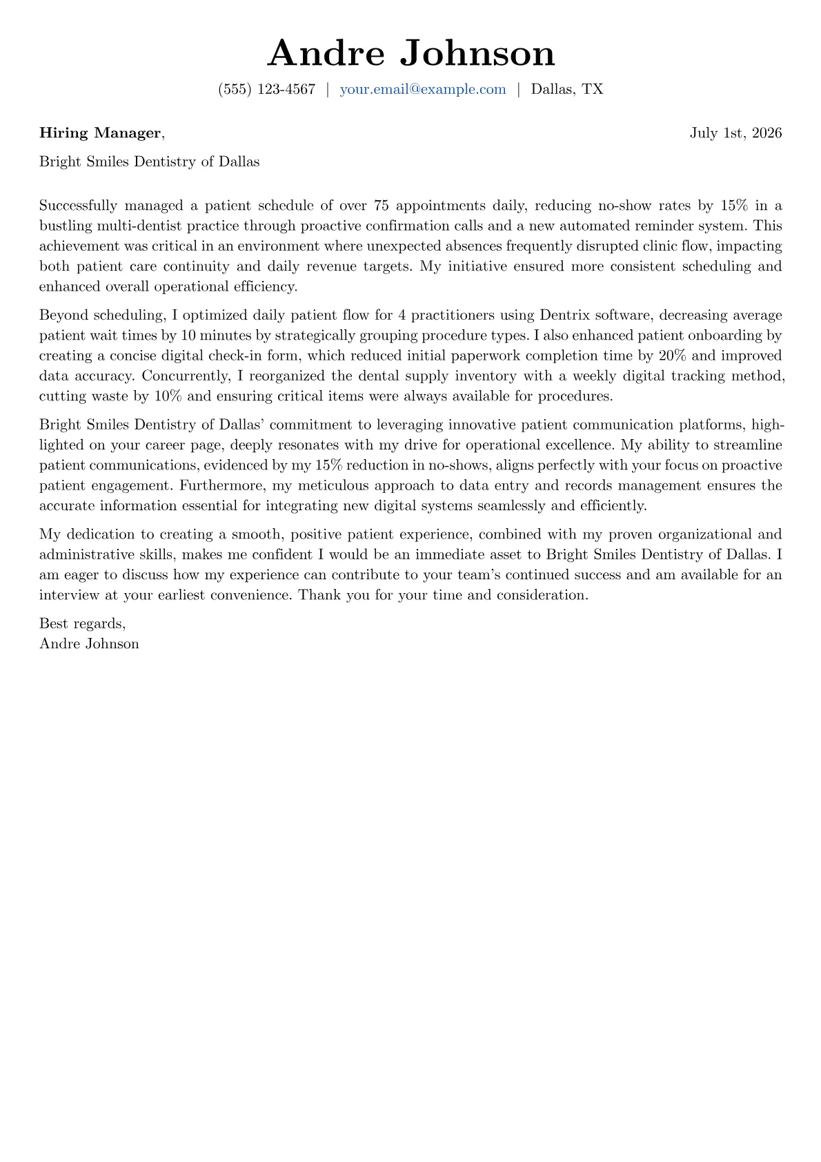 Dental Receptionist cover letter formatted with a JobSprout template