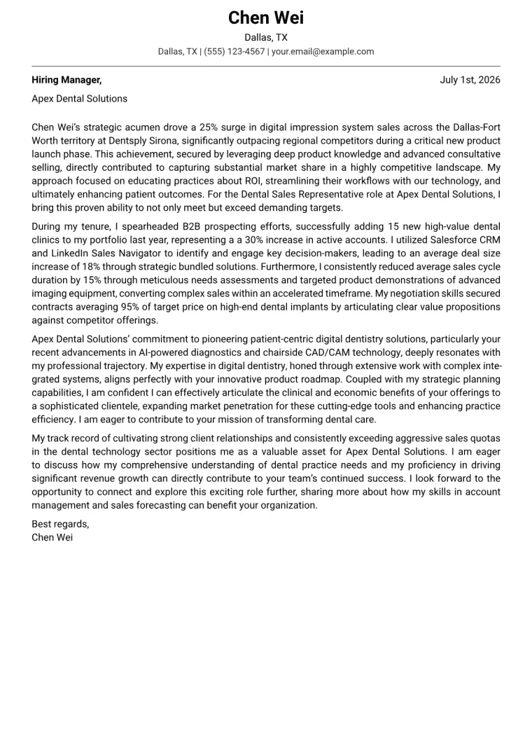 Dental Sales Representative cover letter example preview
