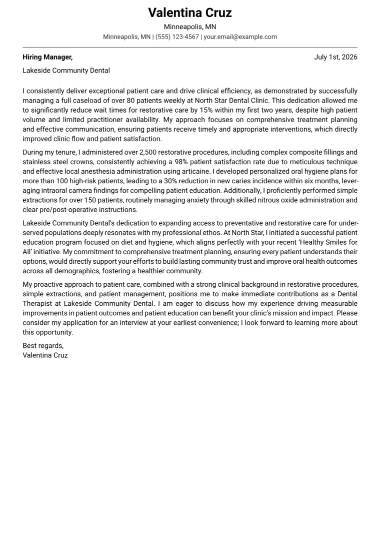 Dental Therapist cover letter example preview