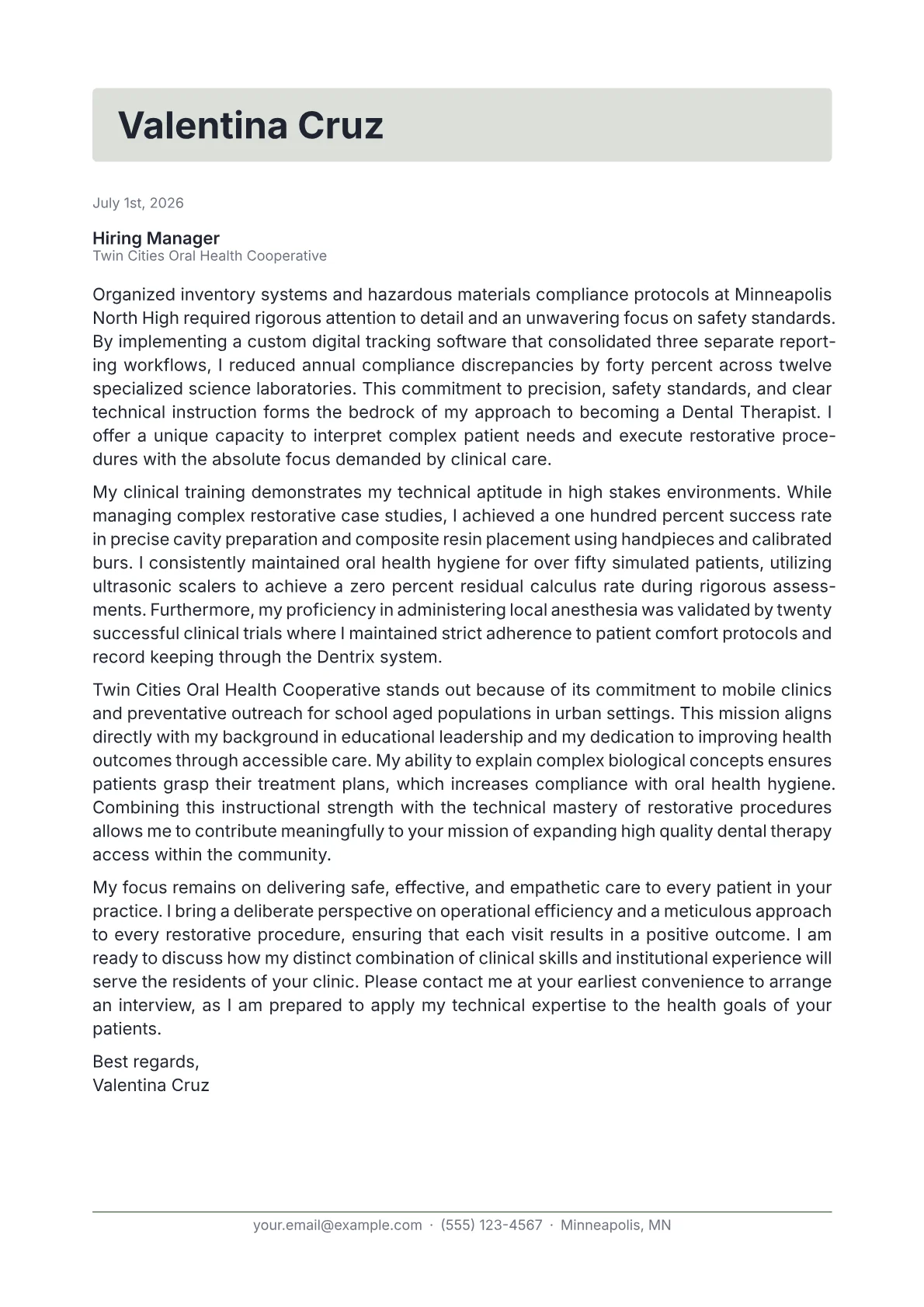Dental Therapist cover letter in the Letterhead design