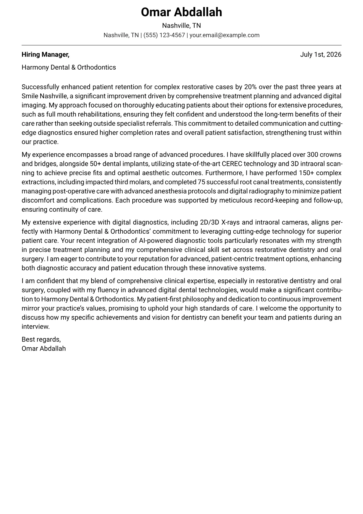 Dentist cover letter formatted with a JobSprout template