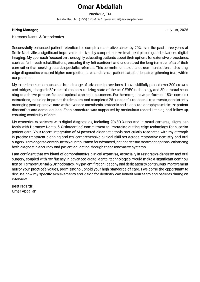 Dentist Cover Letter Example