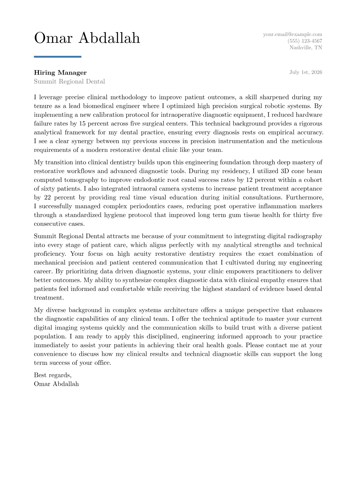 Dentist cover letter in the Executive design