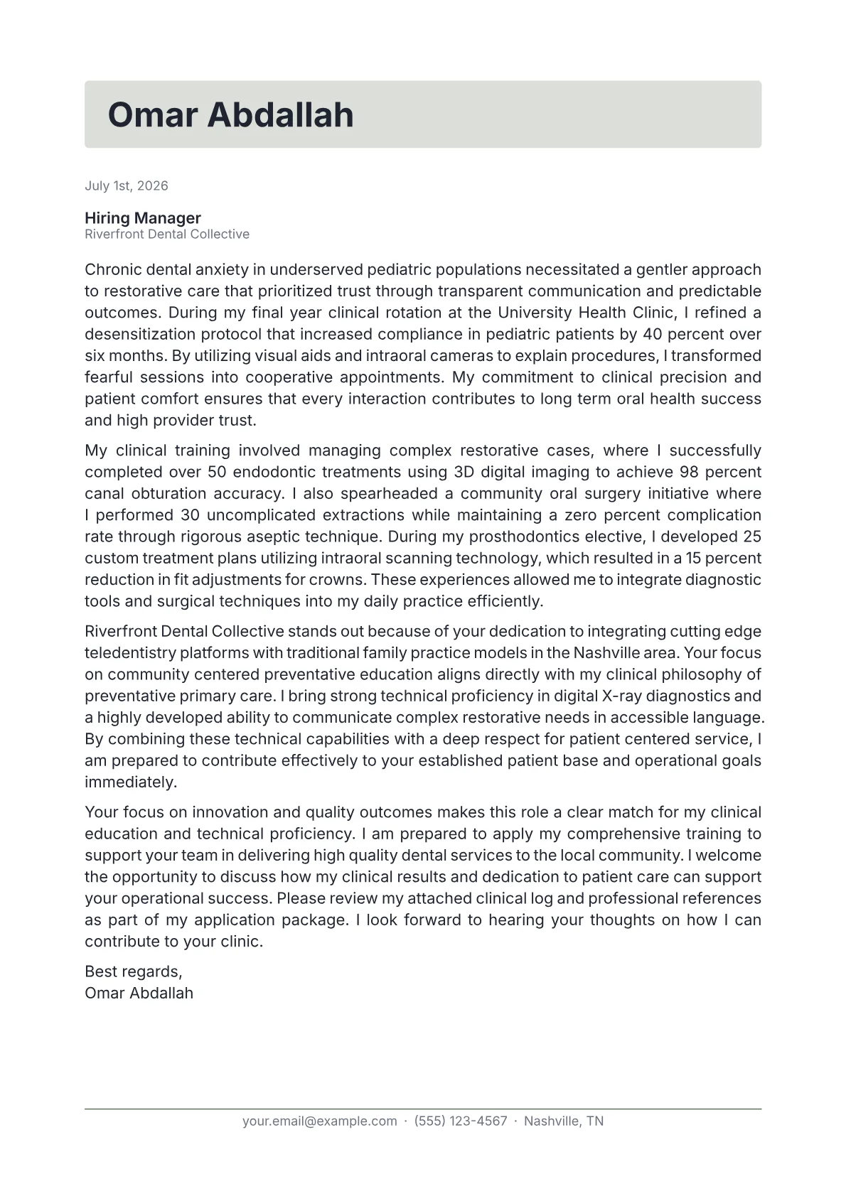 Dentist cover letter in the Letterhead design