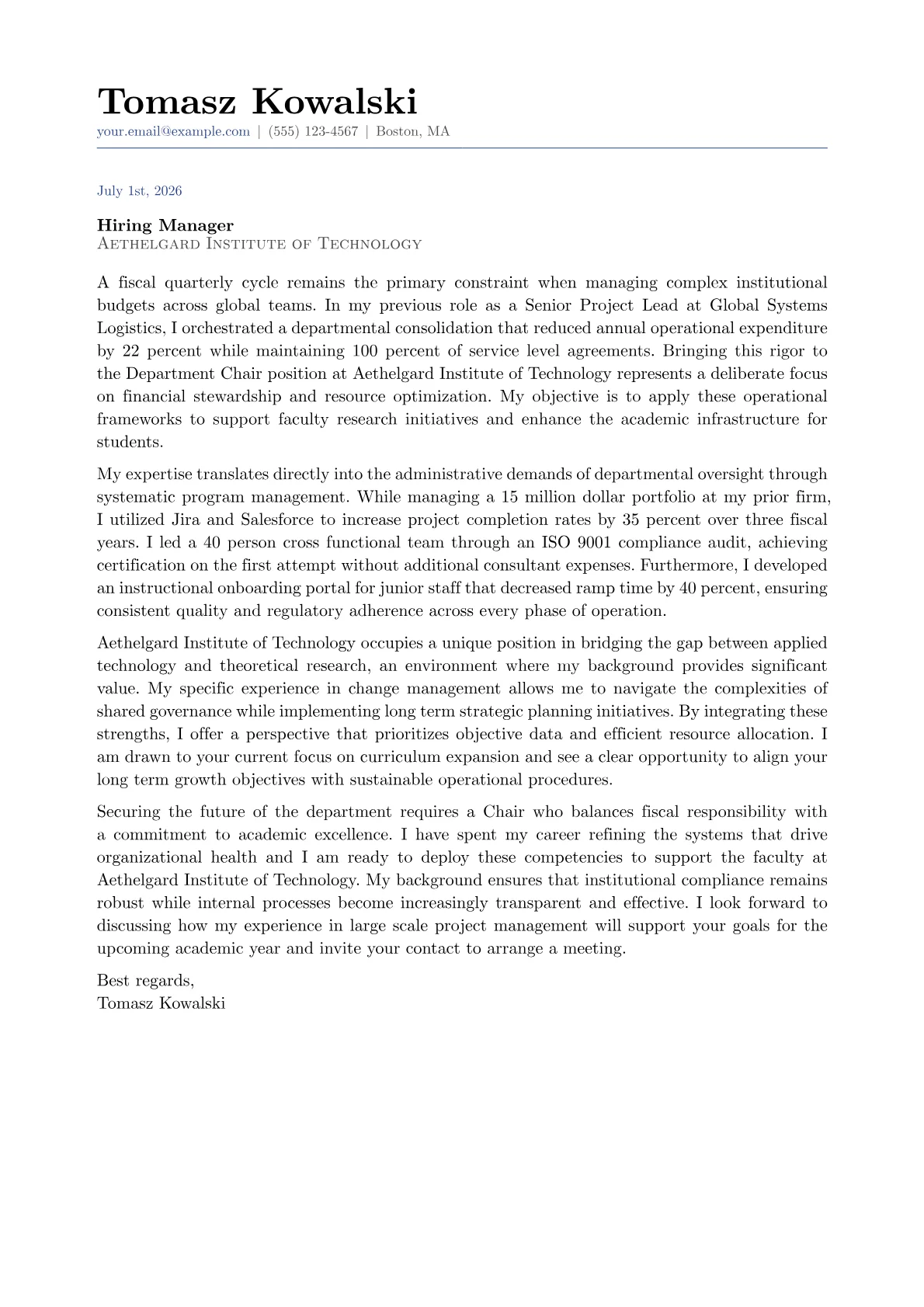 Department Chair cover letter in the Classic design