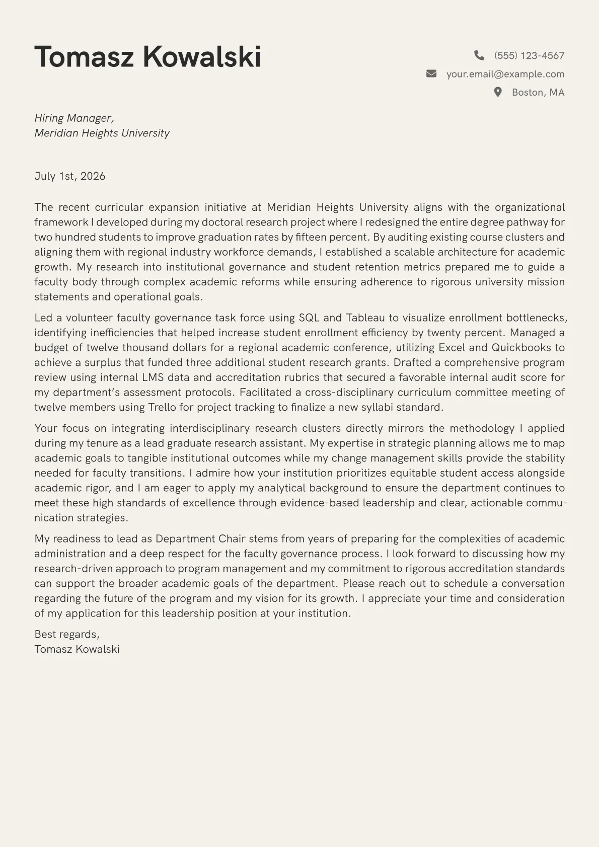 Department Chair cover letter in the Creative design