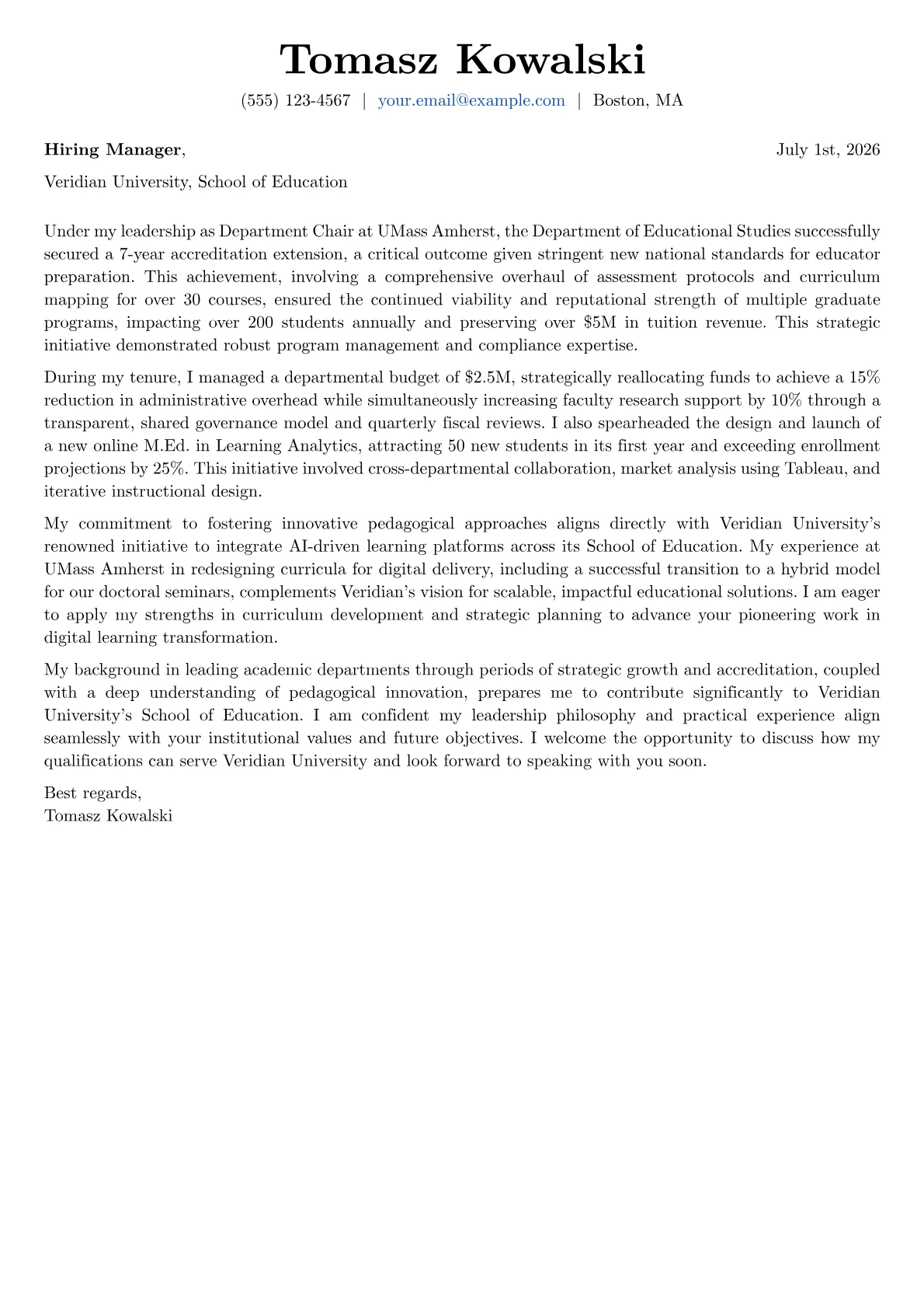 Department Chair cover letter formatted with a JobSprout template