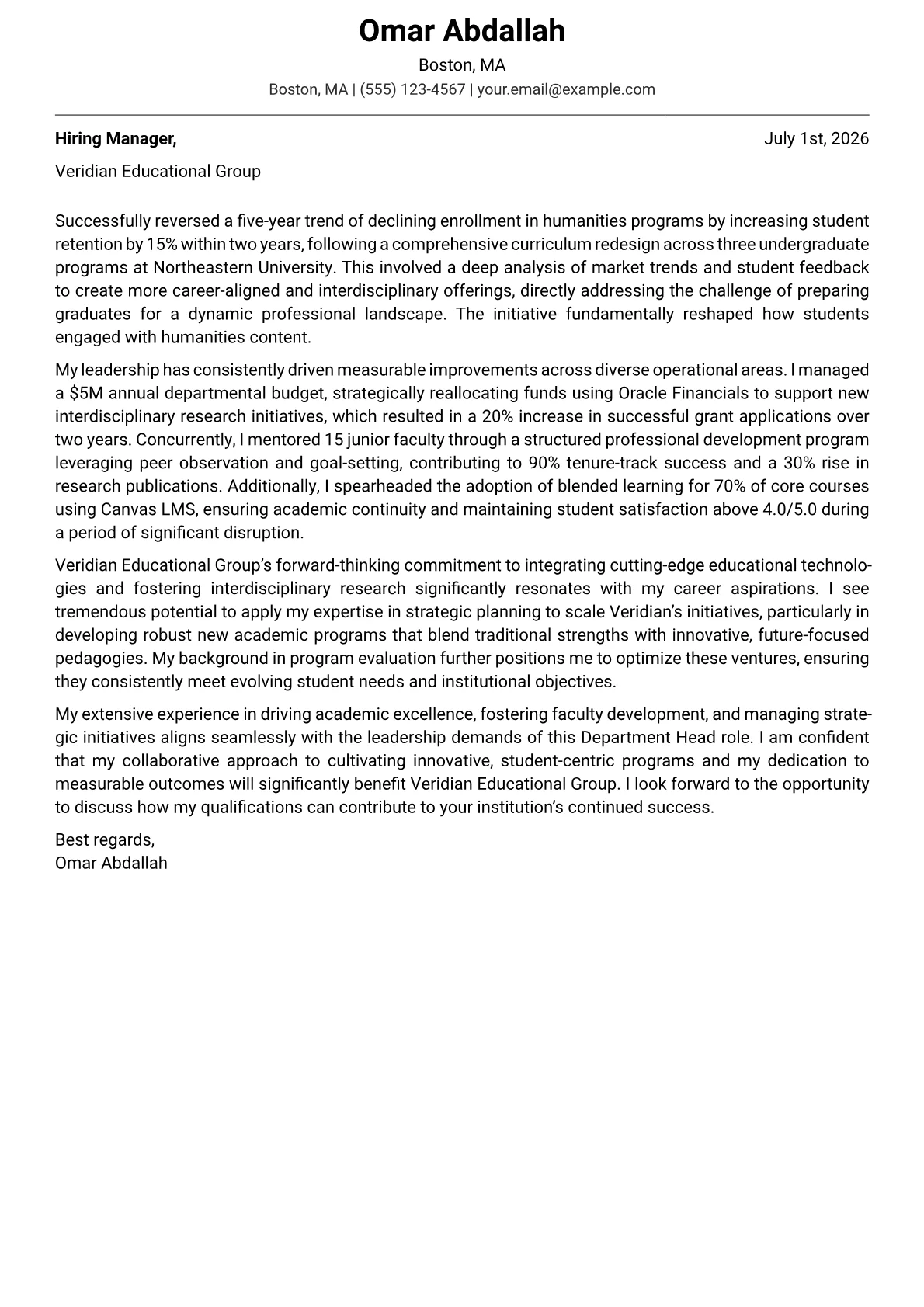 Department Head cover letter formatted with a JobSprout template