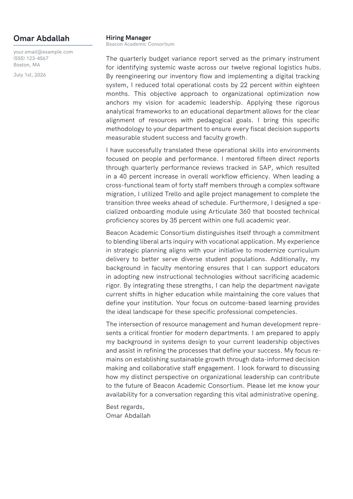 Department Head cover letter in the Margin design