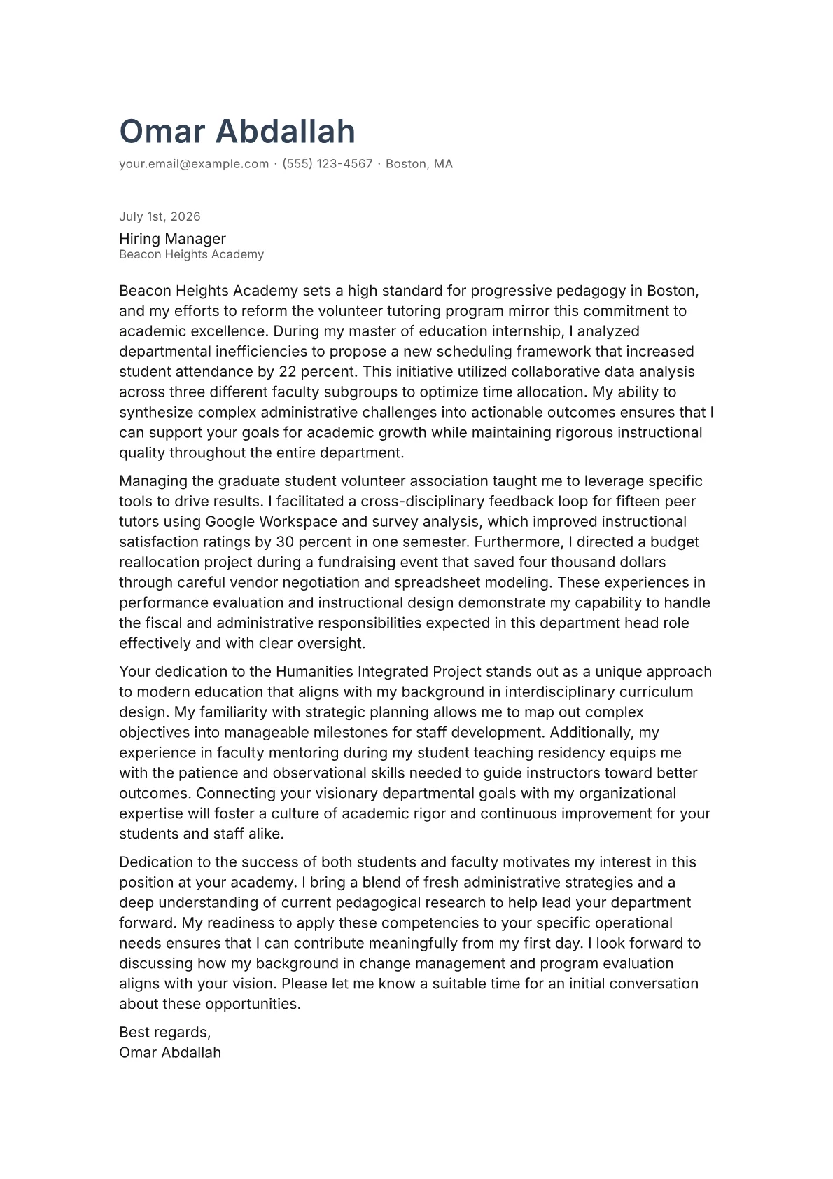 Department Head cover letter in the Minimal design