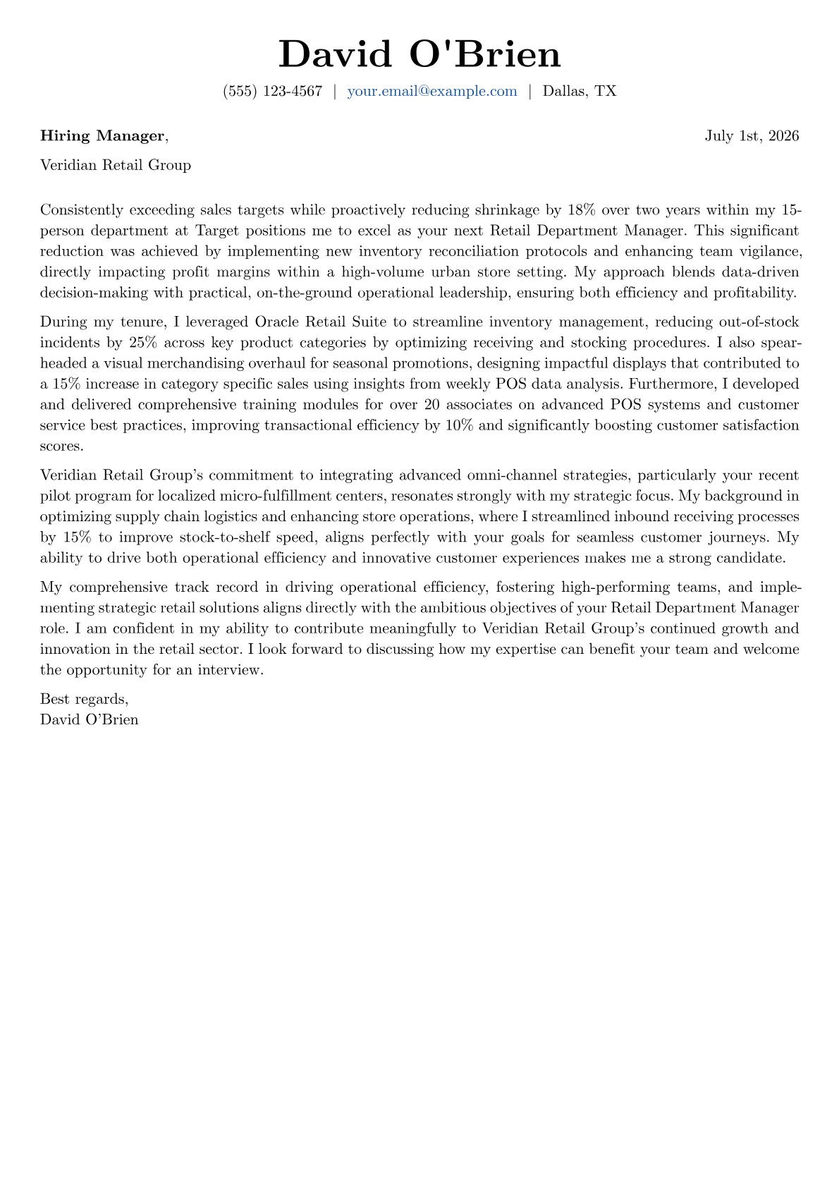 Retail Department Manager cover letter formatted with a JobSprout template