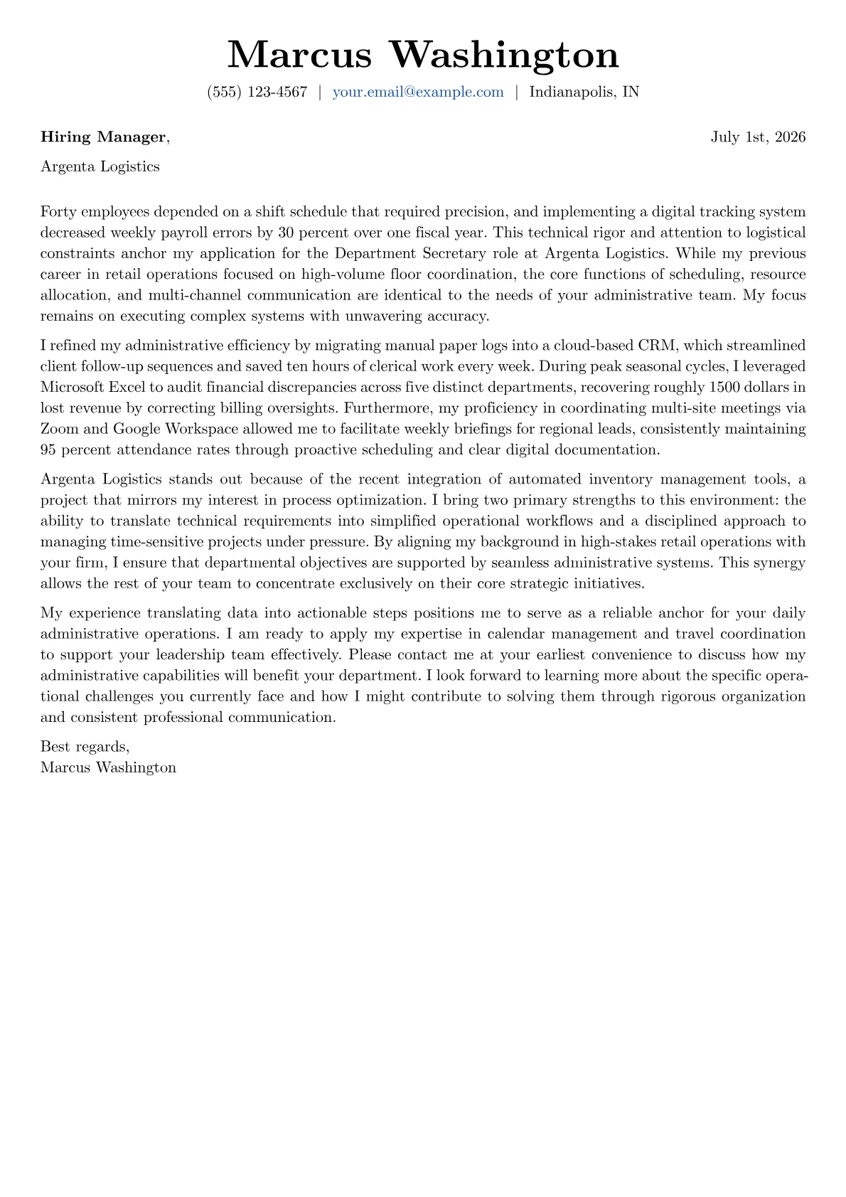 Department Secretary cover letter in the Basic design
