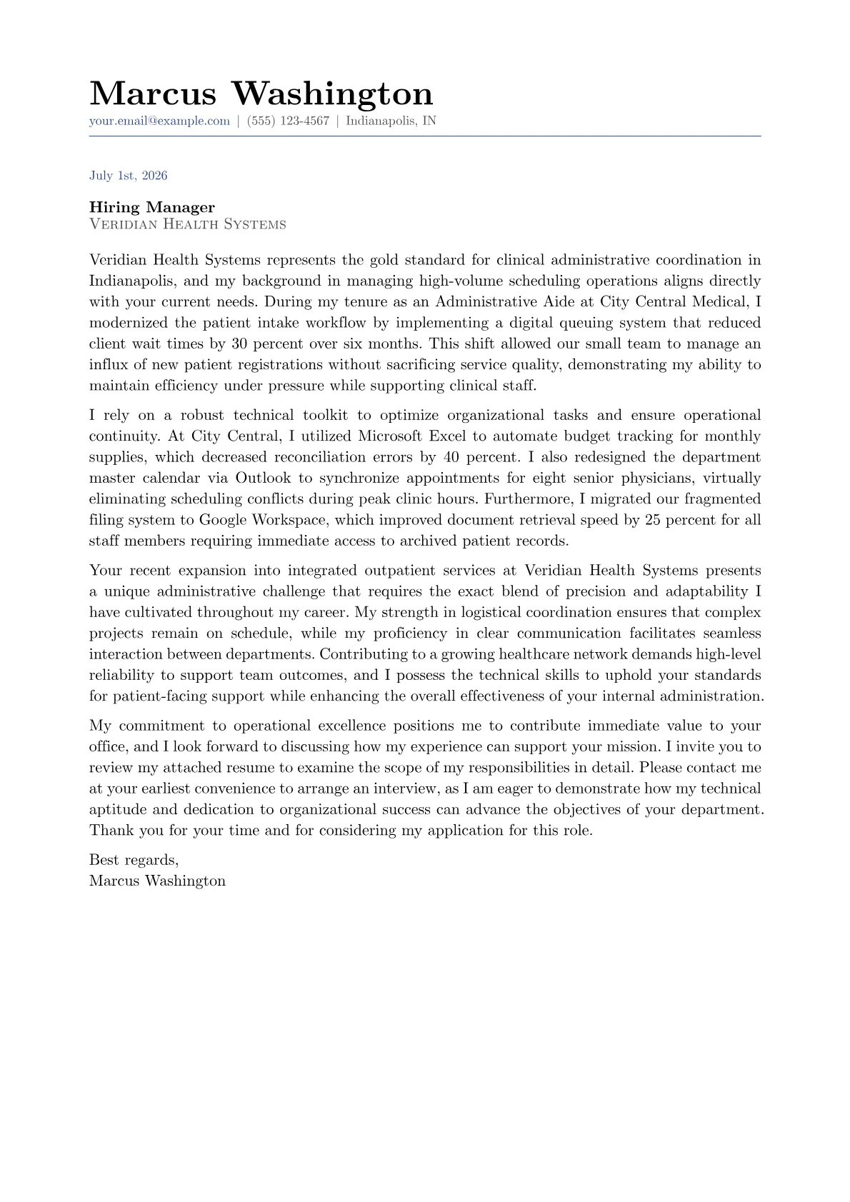 Department Secretary cover letter in the Classic design