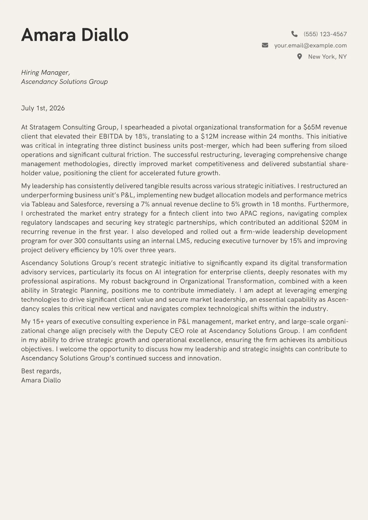 Deputy CEO cover letter formatted with a JobSprout template