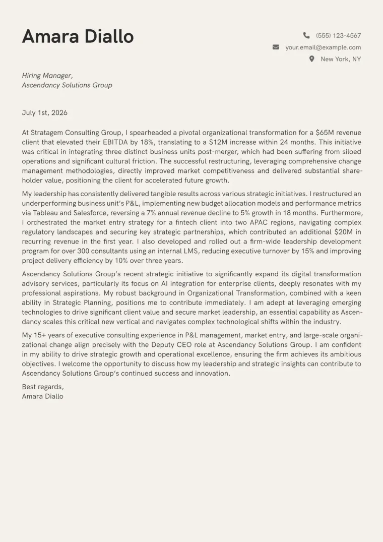 Deputy CEO cover letter example preview