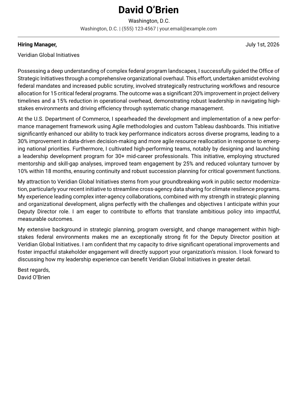 Deputy Director cover letter formatted with a JobSprout template