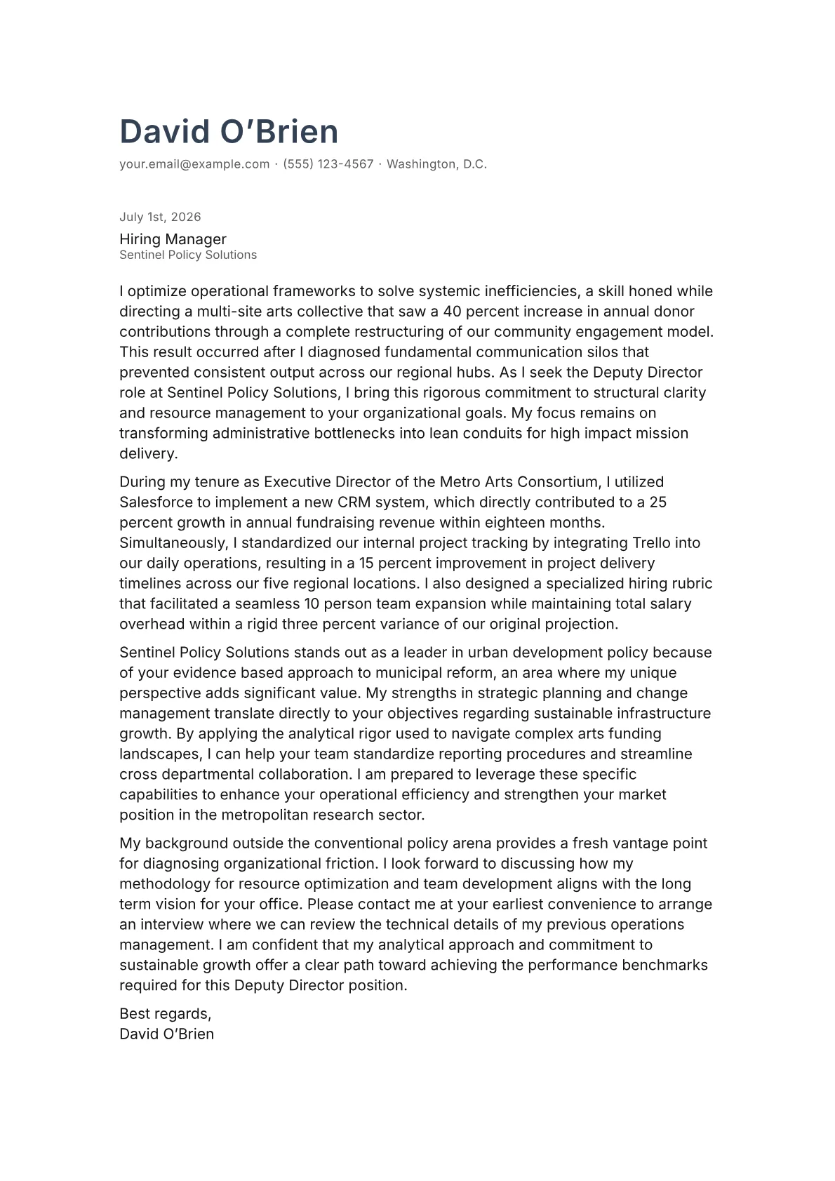 Deputy Director cover letter in the Minimal design