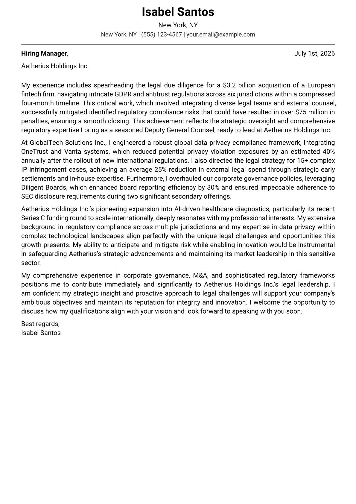 Deputy General Counsel cover letter formatted with a JobSprout template