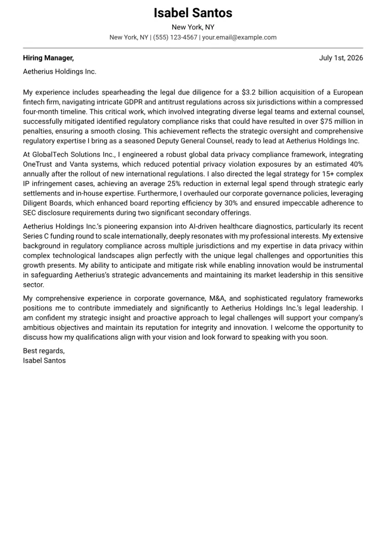 Deputy General Counsel cover letter example preview