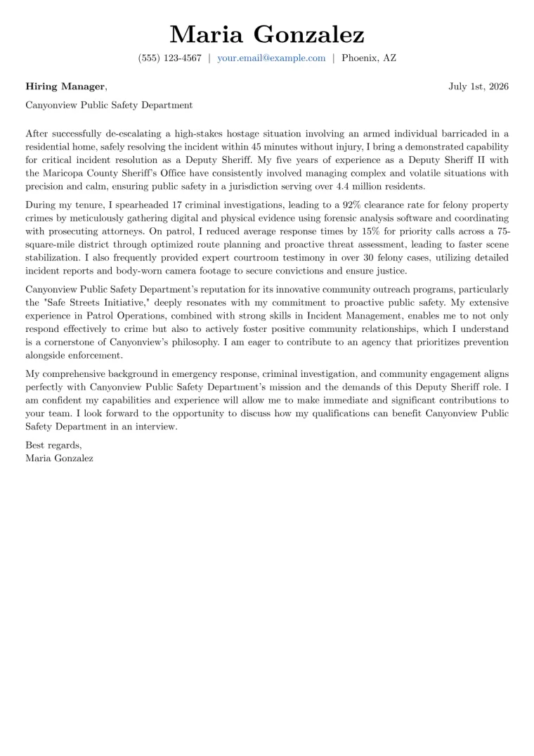 Deputy Sheriff cover letter example preview